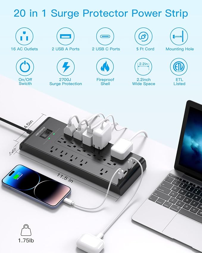 Extension Cord 15 Ft, HANYCONY Power Strip - Image 2