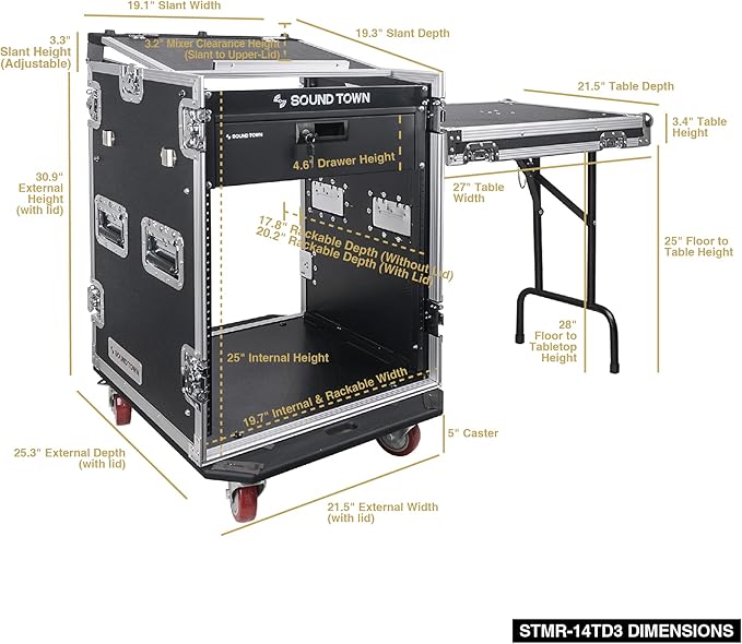 Sound Town Heavy-Duty 1/2" Plywood 14U PA DJ Pro Audio Rack/Road ATA Case - Image 6