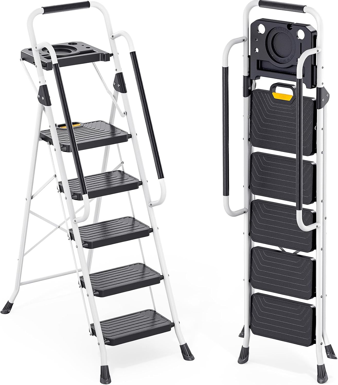 TOOLF 5 Step Ladder with Anti-Slip Wide Pedals, Handrail, Safe-Lock Design | Sturdy Steel Step Stool, Folding Portable Ladder for Multi-Purpose, Home, Kitchen, Pass 800lbs Load Testing, White