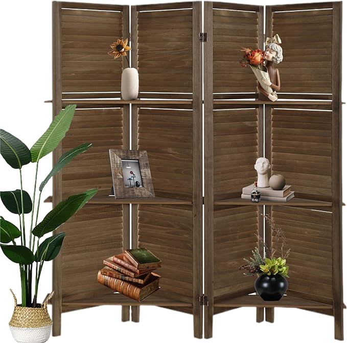 4 Panel Room Divider with Shelves, Room Dividers and Folding Privacy Screens by ZFFURN