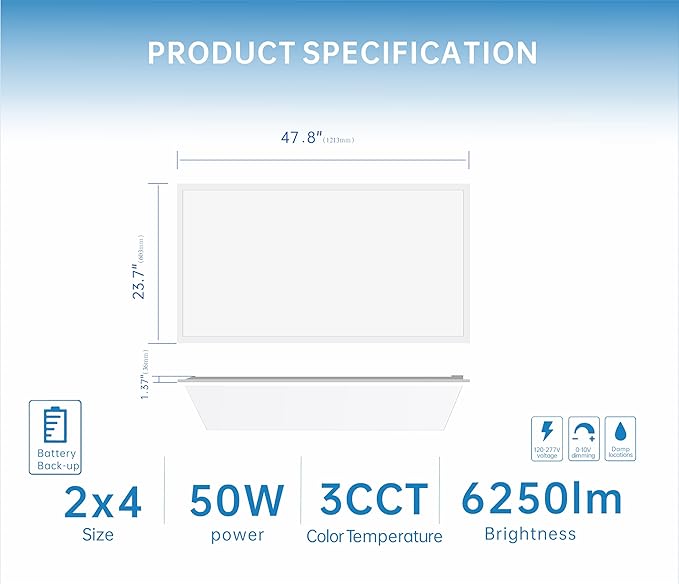 2X4 LED Flat Panel Light with Emergency Battery Backup, 50W 3000K/4000K/5000K - Image 4