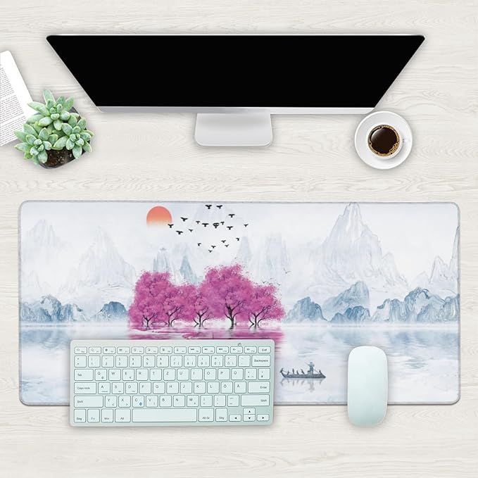 Desk Mat, Cherry Blossom Tree Oil Ink Painting Extended Gaming Mouse Pad Large - Image 2