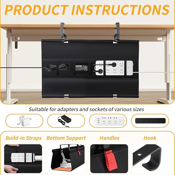SUREUP9 No Drill Under Desk Cable Management Tray, Fabric Cable Management - Image 5