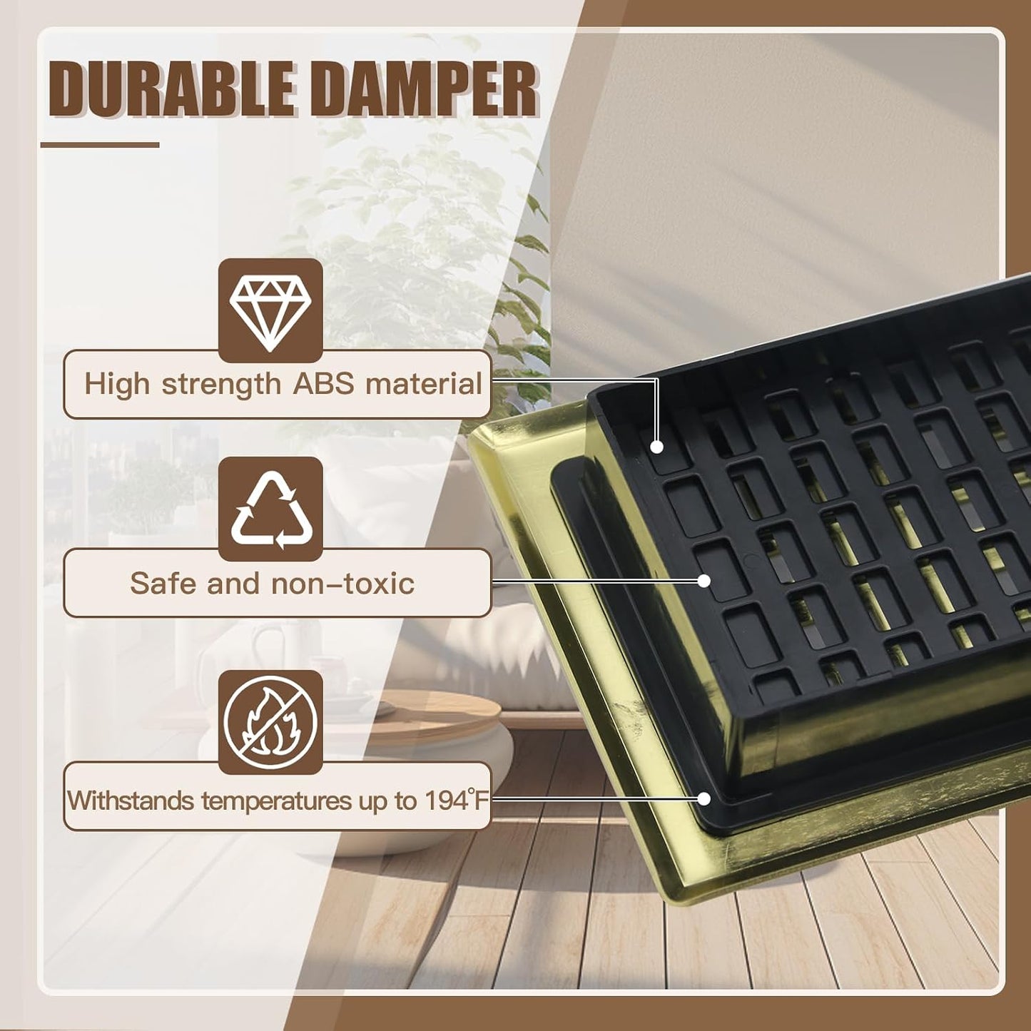 2-Pack 4x10 Decorative Floor Register Vent Cover, Brushed Gold, Lattice | Heavy-Duty Walkable Solid Steel, Adjustable Airflow Damper, Easy Drop-In Replacement