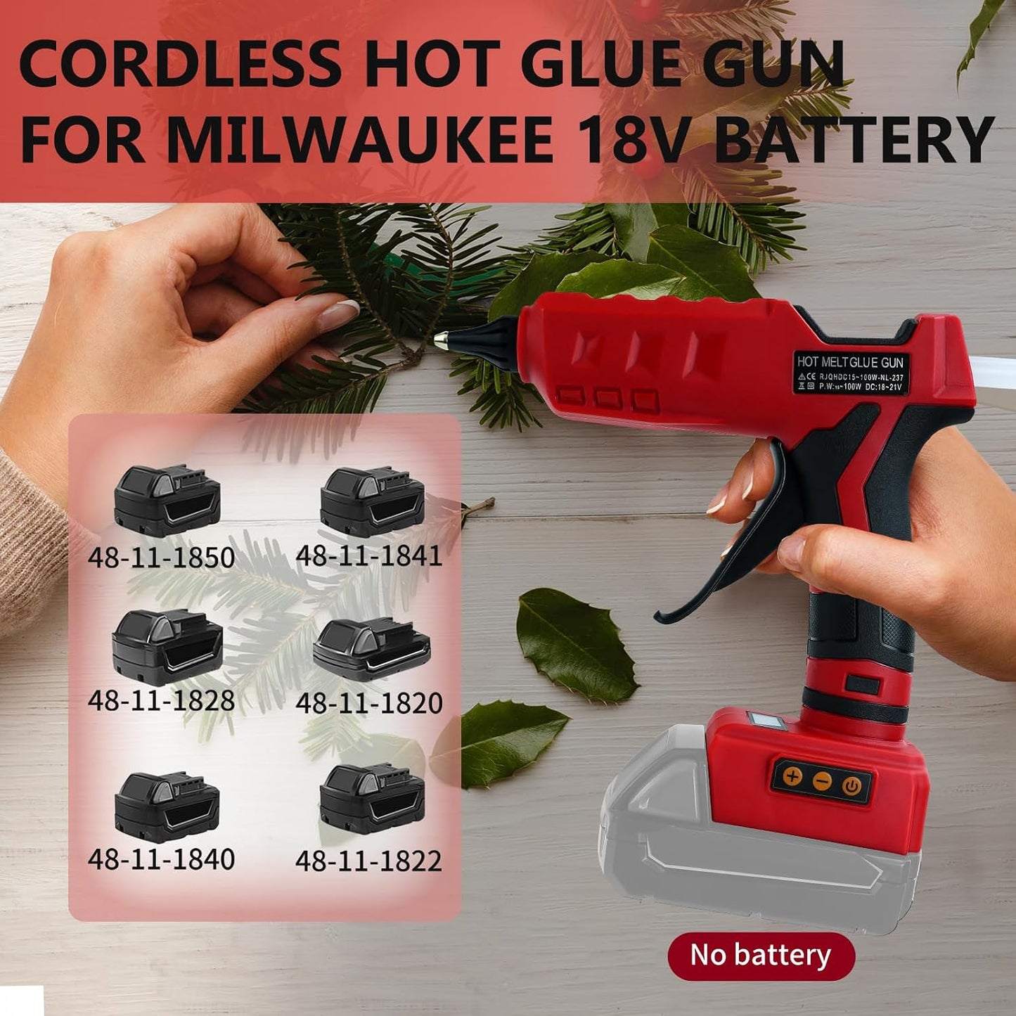 Cordless Hot Glue Gun for Milwaukee 18V Battery, 100W Wireless Glue Gun | LED Digital with 10 Glue Sticks, Handheld Heavy Duty Glue Gun for DIY, Craft(No Battery）