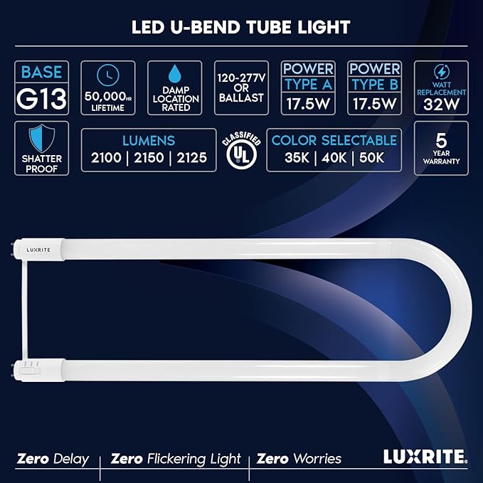 Luxrite U Bend LED Tube Light, T8 T12, 3 Colors 3500K | 4000K | 5000K, 2100 - Image 7