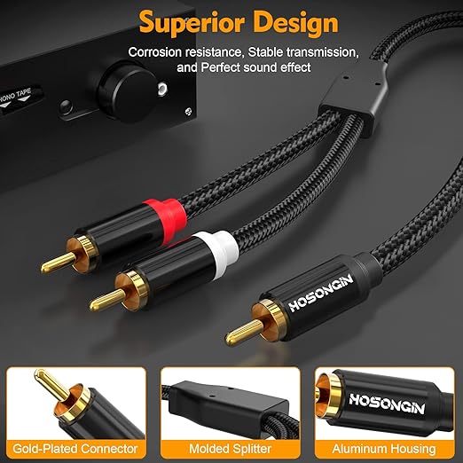 HOSONGIN RCA Y Splitter Cable, 1 Male to 2 Male Audio Cables, 12 Inch, 24K - Image 4