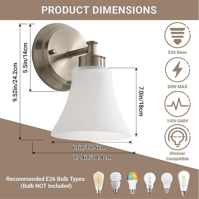 LOUSACE 2 Pack 1-Light Brushed Nickel Bathroom Lighting Fixtures Vintage - Image 4