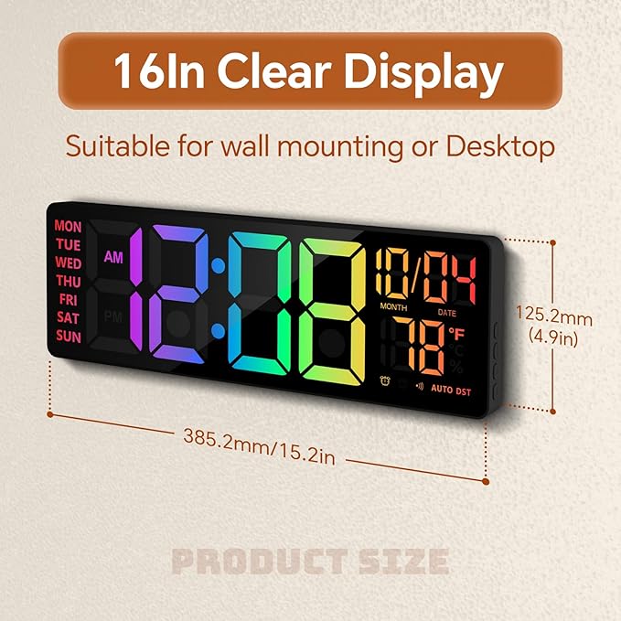 16" Digital Wall Clock with Night Light, Digital Clock with RGB Colors Changing - Image 2