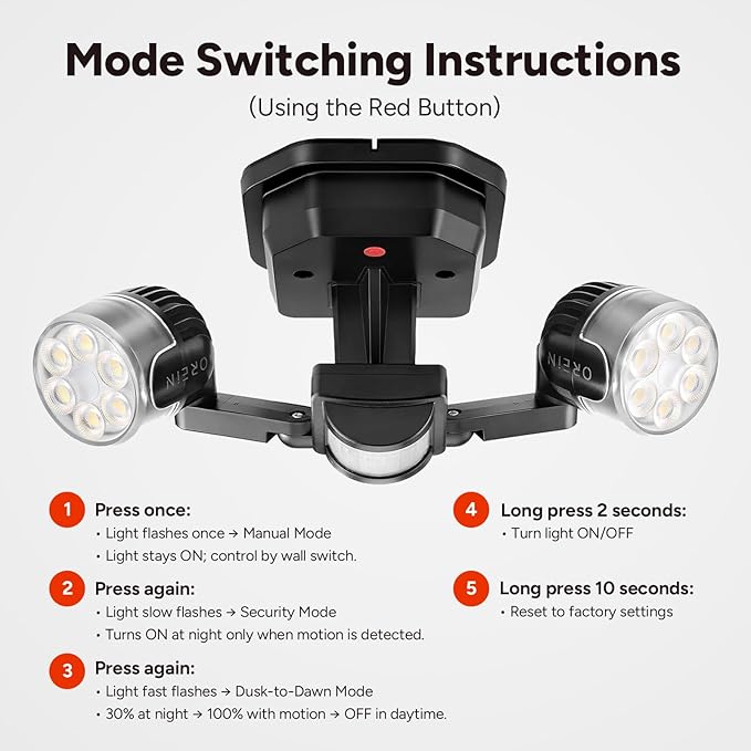 OREiN Motion Sensor Outdoor Security Light, Adjustable Dual-Head LED Flood Light - Image 3