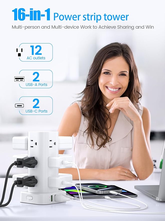 Flat Plug Power Strip Tower Surge Protector, 10FT Flat Extension Cord - Image 2