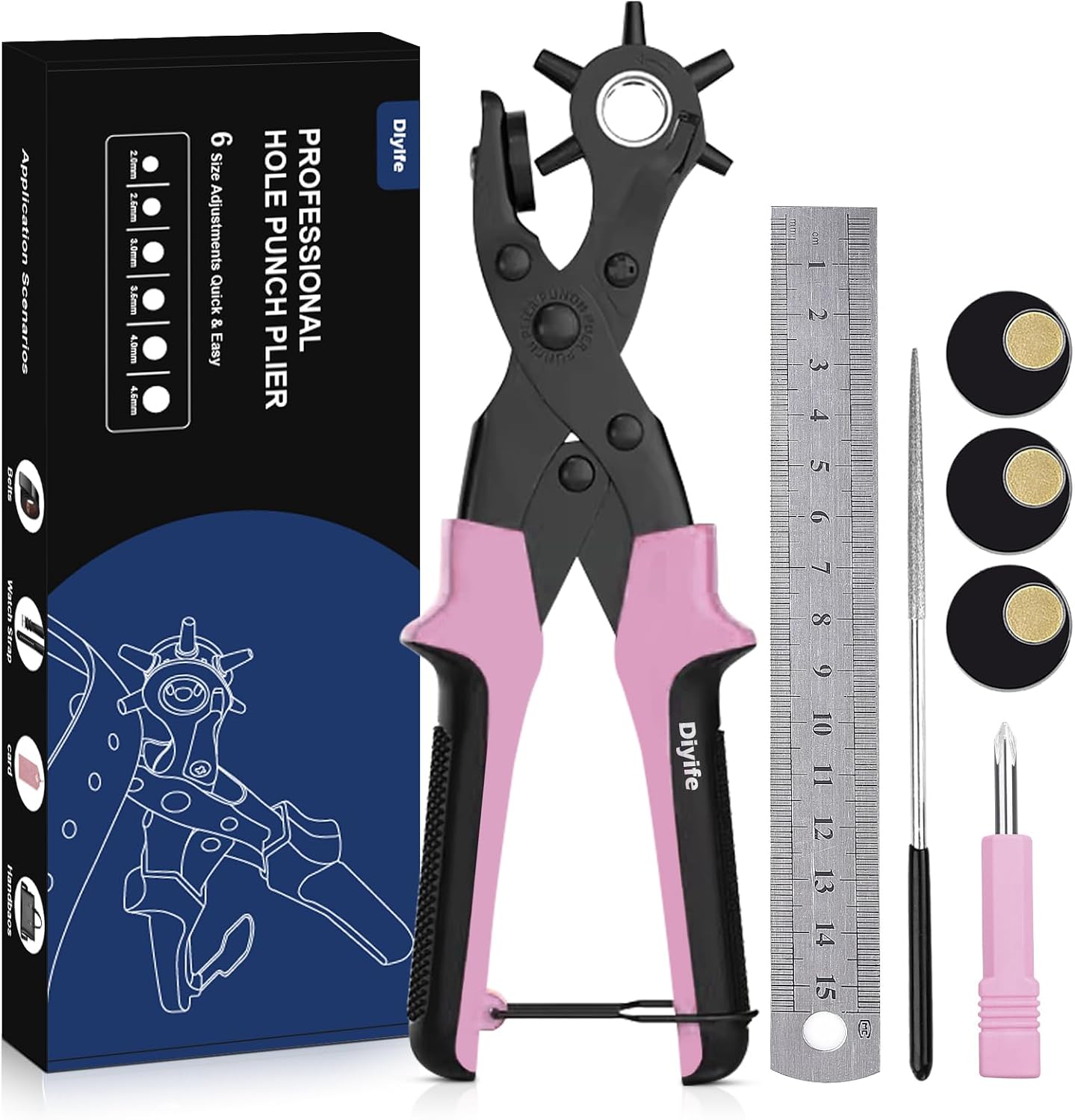 Diyife Leather Hole Puncher, Revolving Punch Plier, 6 Size Adjustment, Pink | Double-lever Design, More Labor-saving, Ergonomic & Locking Handles, 3 Extra Punch Plates Included, for Belts, Leather