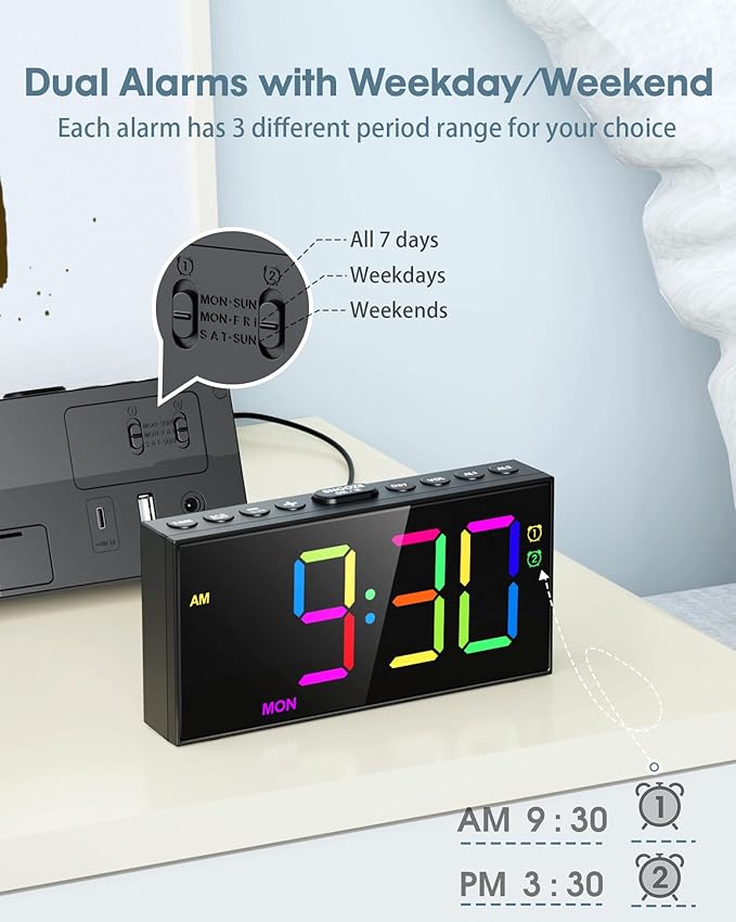 RGB Digital Alarm Clock for Bedroom, Dual Alarms, Weekday/Weekend/Everyday Mode - Image 3