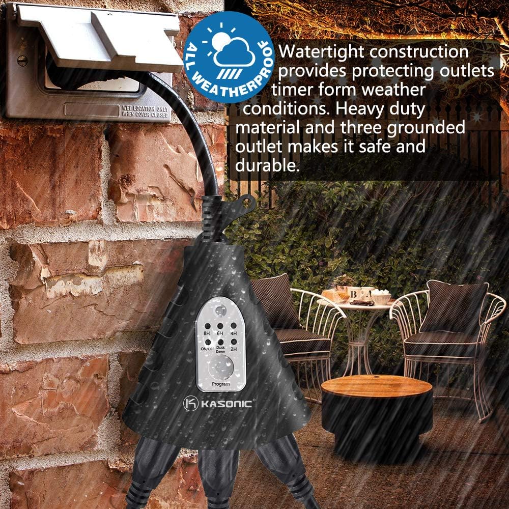 KASONIC Outdoor Light Timer, Waterproof Plug in Sensor Outlet Timer Switch | 100 ft Range Remote Control, 3 Grounded Electrical Outlets for Home Garden, ELT Listed