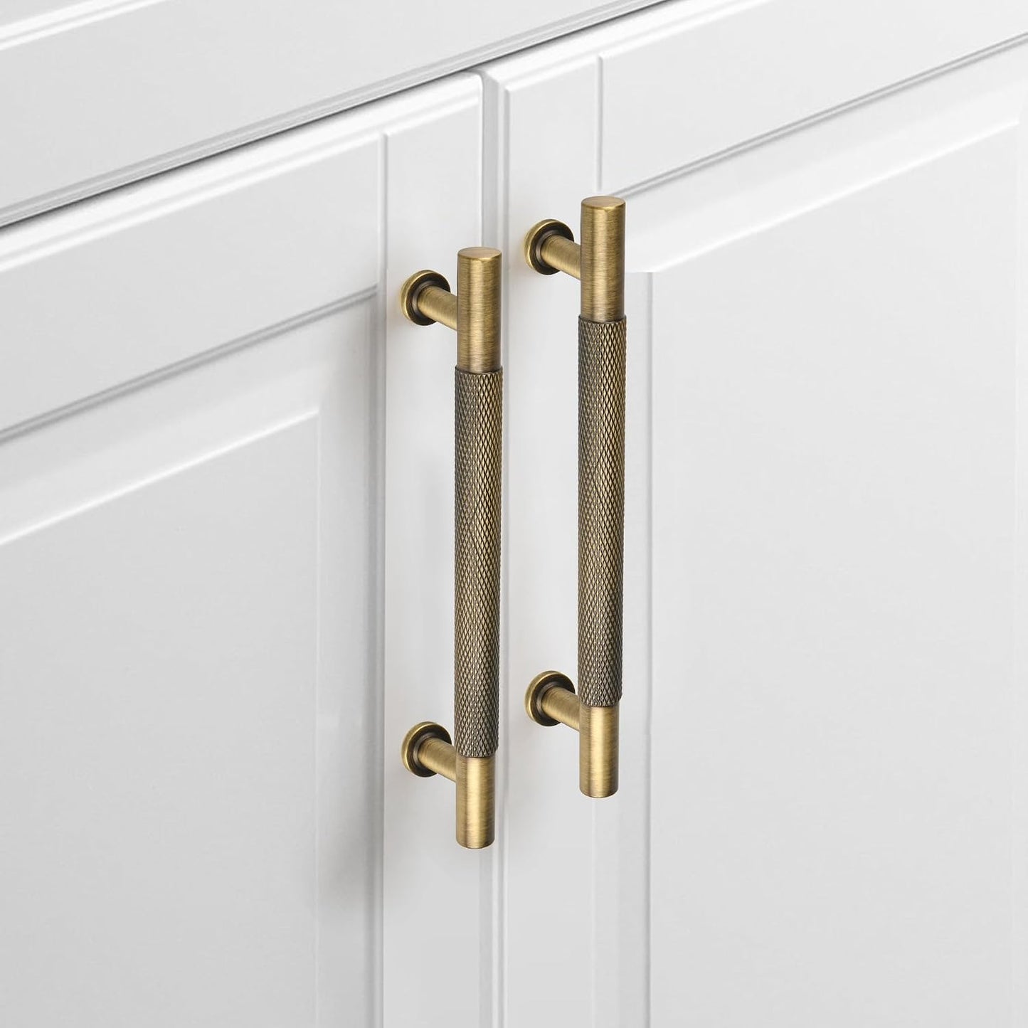 5" Knurled Solid Brass Cabinet Pulls, Antique Brass 2-Pack | Solid Brass Bar Pull + Knurled, Designer Look + For Kitchen Cabinets + Bathroom & Dresser + Heavy Duty, Easy Fit