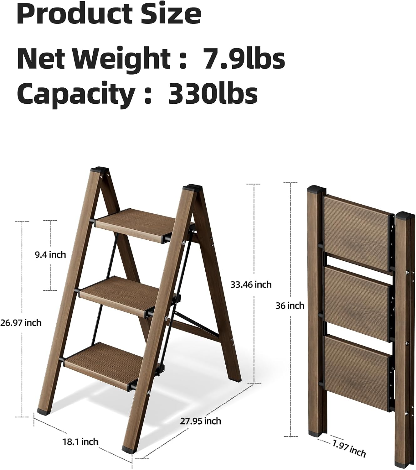 HillhutApex 3 Step Stool Foldable Ladder,Aluminum Step Ladder | Folding Lightweight Stable Stool with Wide Non-Slip Pedals, 330lbs Bearing Capacity Ladder for Office,Home,Kitchen-Walnut