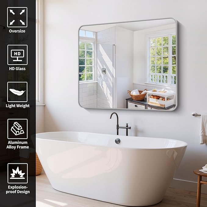 48x40 Inch Silver Bathroom Mirror, Large Rectangle Mirror, Metal Framed - Image 3