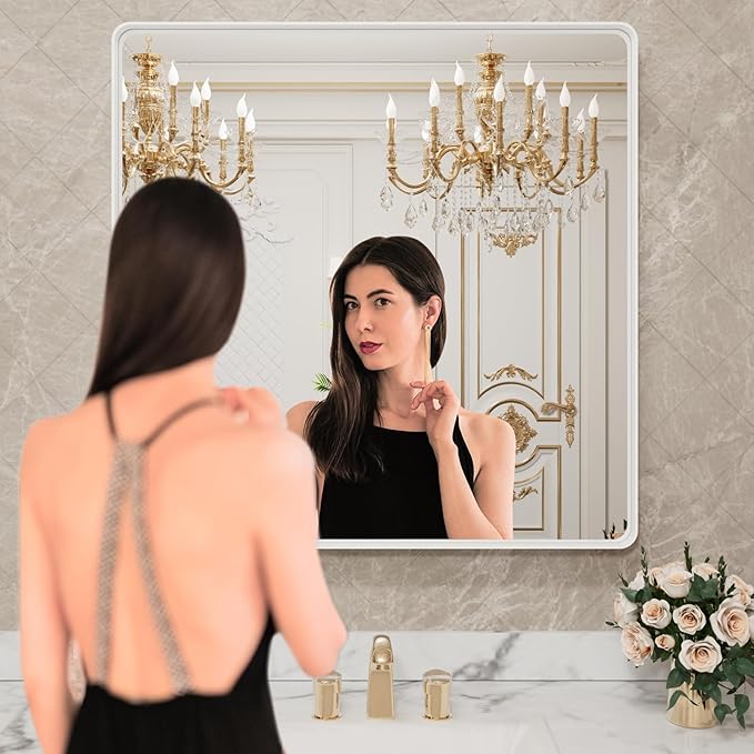 LOAAO 30x30 Inch White Metal Framed Bathroom Mirror - Image 2