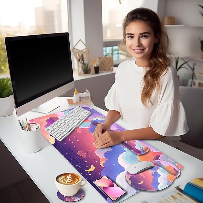 LIMKRIAN Purple Mouse Pad Large Desk Mat Set, Kawaii Clouds Ergonomic Mouse Pad - Image 2