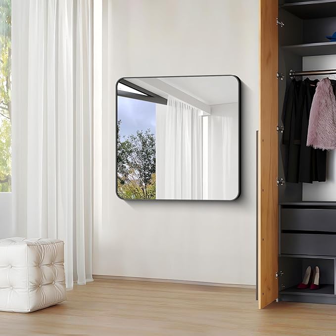 Black Bathroom Mirrors for Wall, Rounded Corner Metal Frame Wall Mirror - Image 6