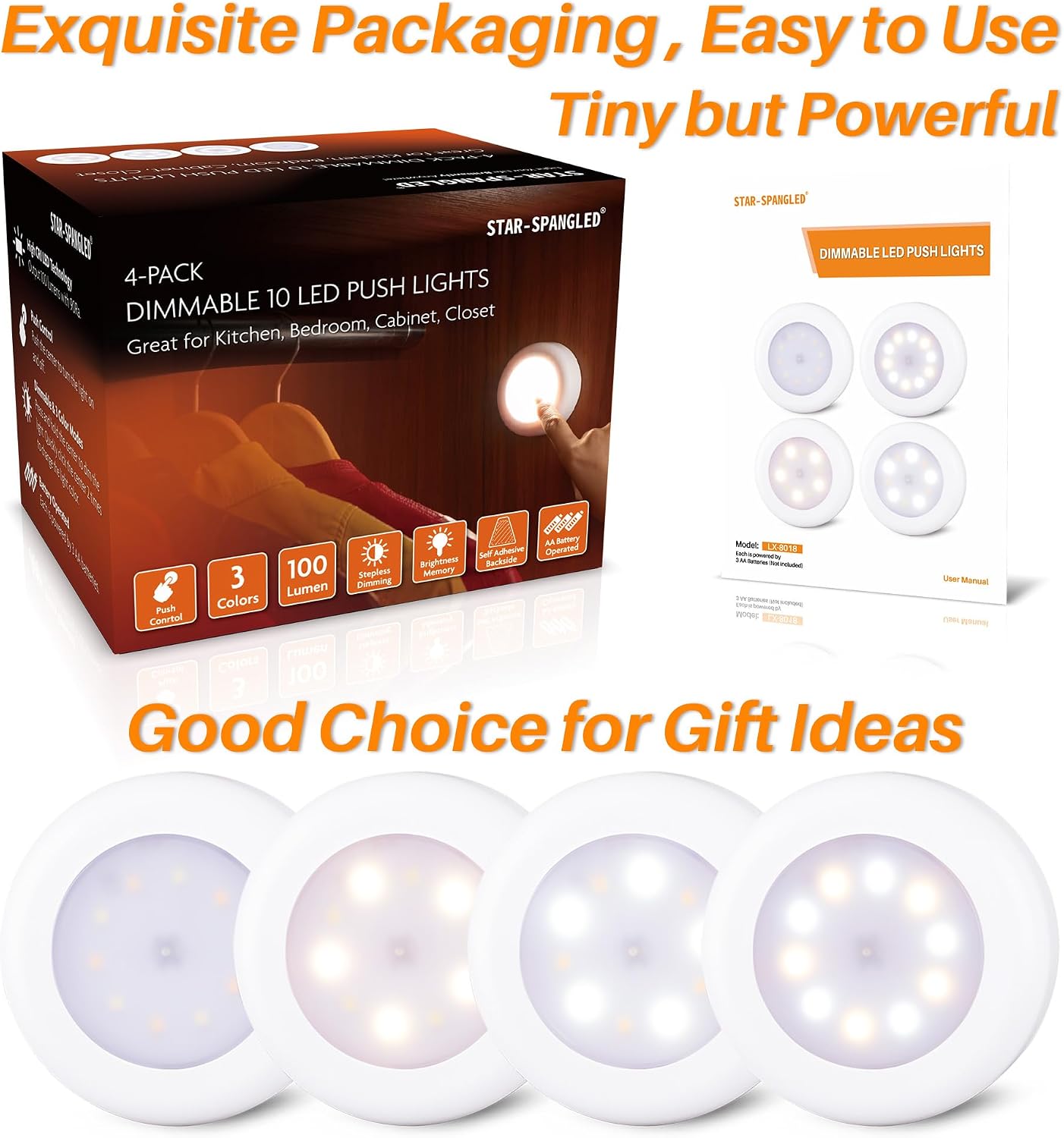 STAR-SPANGLED 4 Pack 3.1” Dimmable Push Tap Lights, Stick on LED Touch Puck Lights AA Battery Operated, 3 Color Modes Sticky Button Lamps for Classroom, Kitchen, Under Cabinet, Closet
