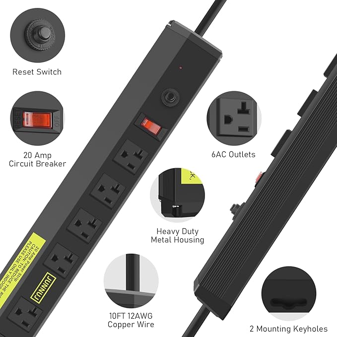JUNNUJ Heavy Duty Metal Power Strip 20 Amp, High Amp Surge Protector 6 Outlet - Image 2