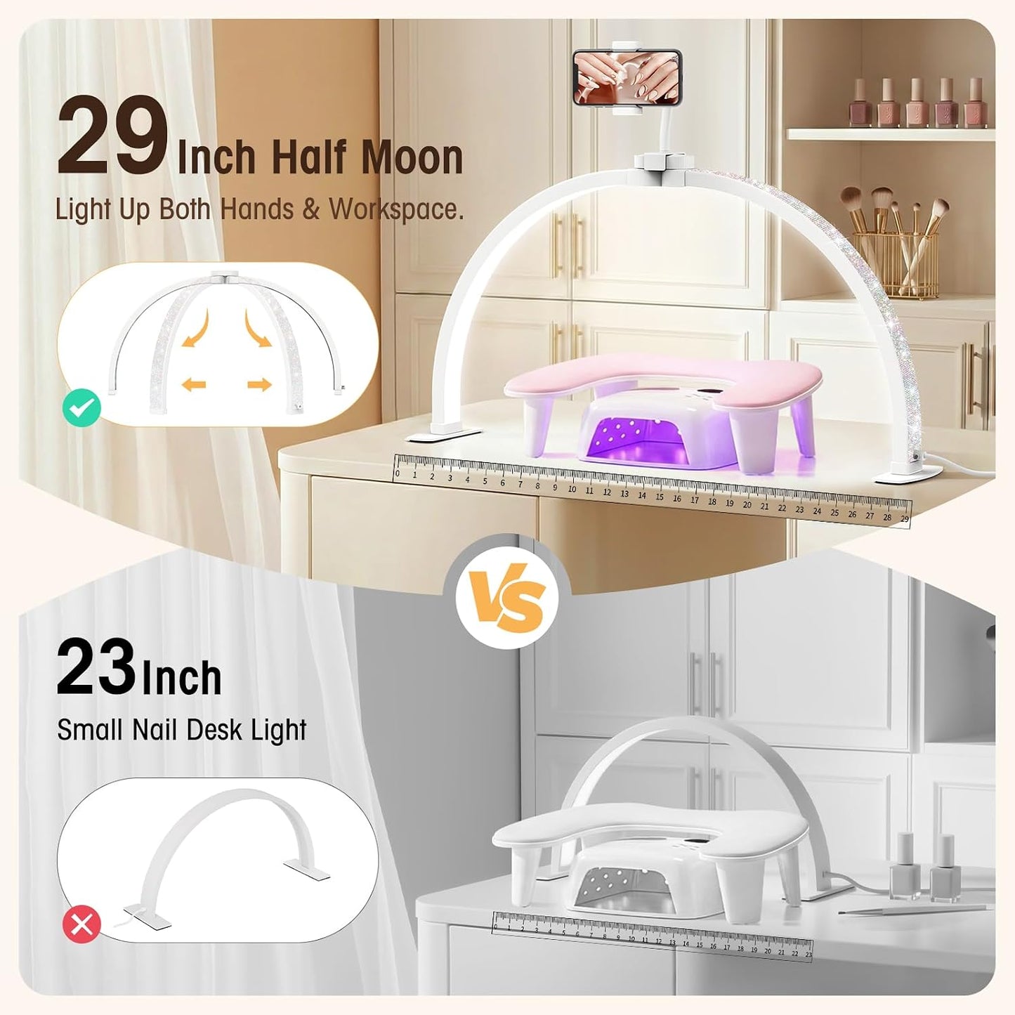 Half Moon Light for Nail Desk: 180° No-Shadow Manicure Table Lighting | 29'' with 3 Color Modes 10 Brightness Levels Keeps Nail Salon Work Area Lit for Manicurists - Phone Holder (Diamond)