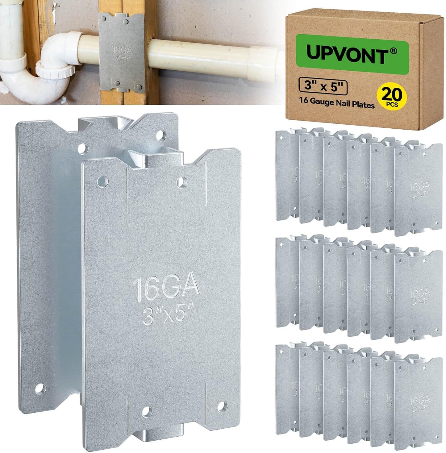3" x 5" Nail Plates for Wood Studs, 16 Gauge Nail Plates Electrical for Studs or Double 2X Studs, NOT THE Cheap Thin Ones, Code-Compliant Galvanized Nail Guards (20 PCS)