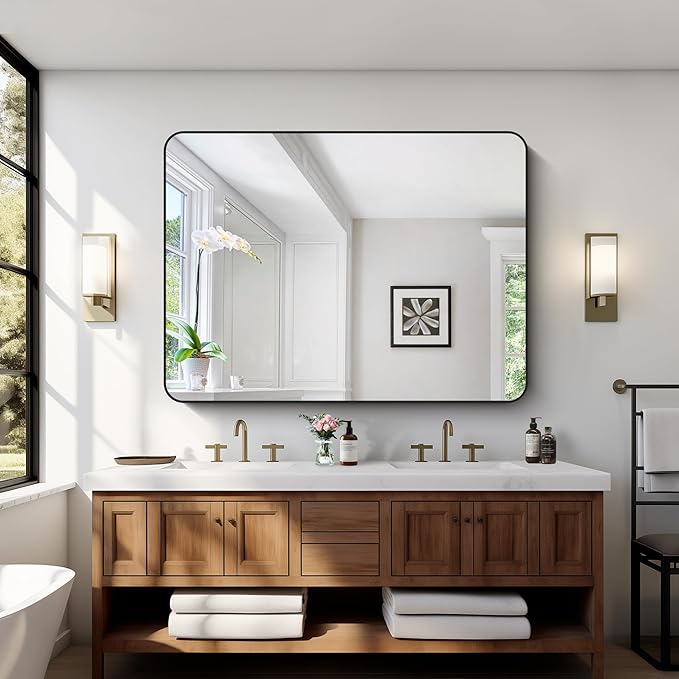 Bathroom Mirror, 48x36 inch Black Rectangle Wall Mirror, Metal Frame Rounded - Image 2
