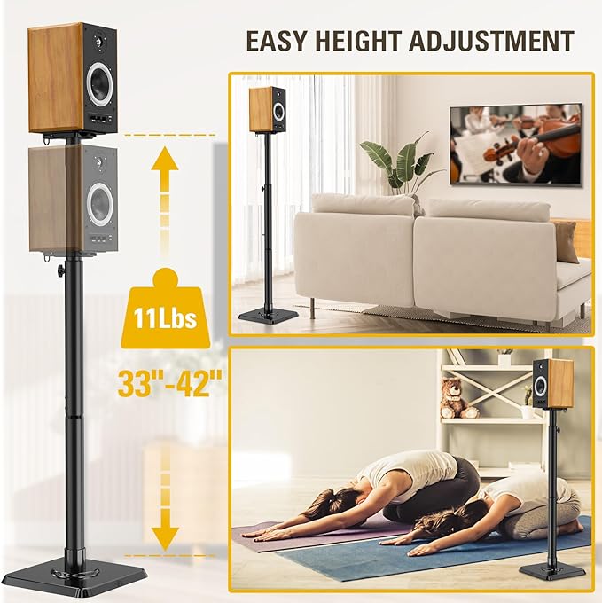 Mounting Dream Black Alloy Steel Speaker Stands, Height Adjustable Bookshelf - Image 2