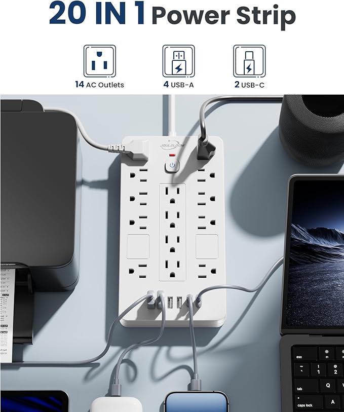 JouleLoom Surge Protector Power Strip-14 Outlets and 6 USB Ports, 6 Feet Flat - Image 2