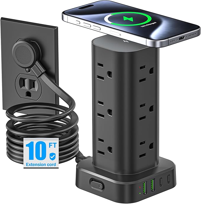 Tower Power Strip with 15W Wireless Charger, 10FT Flat Plug Extension Cord with by Unknown