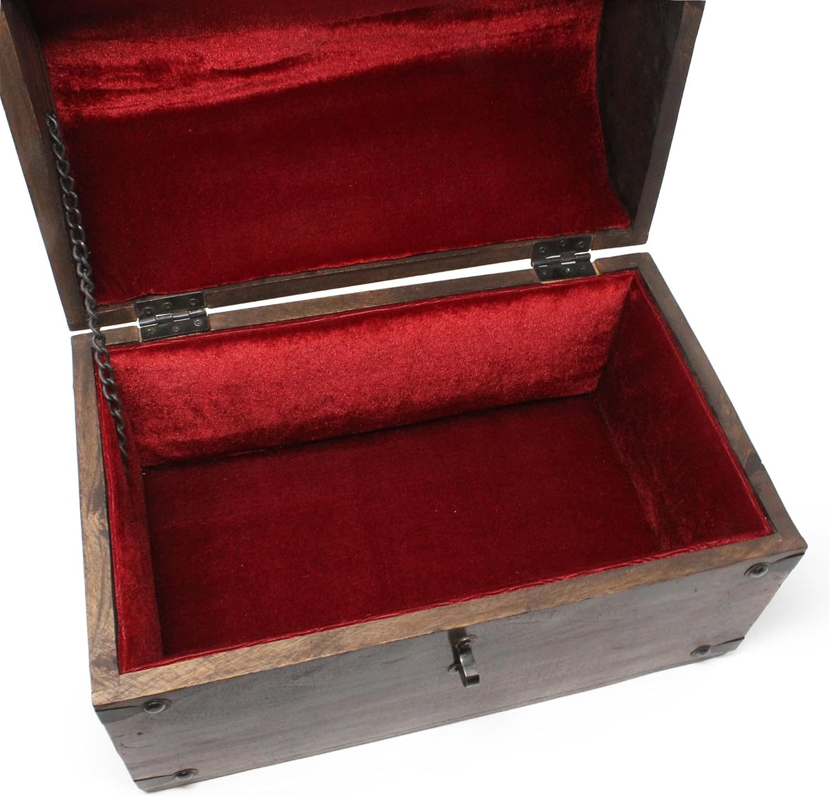 nautical cove wooden treasure chest with padded velvet shown in use