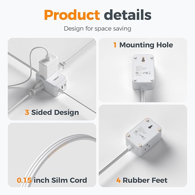 TESSAN Cruise Essentials, Flat Plug Power Strip, 5 Ft Extension Cord - Image 7