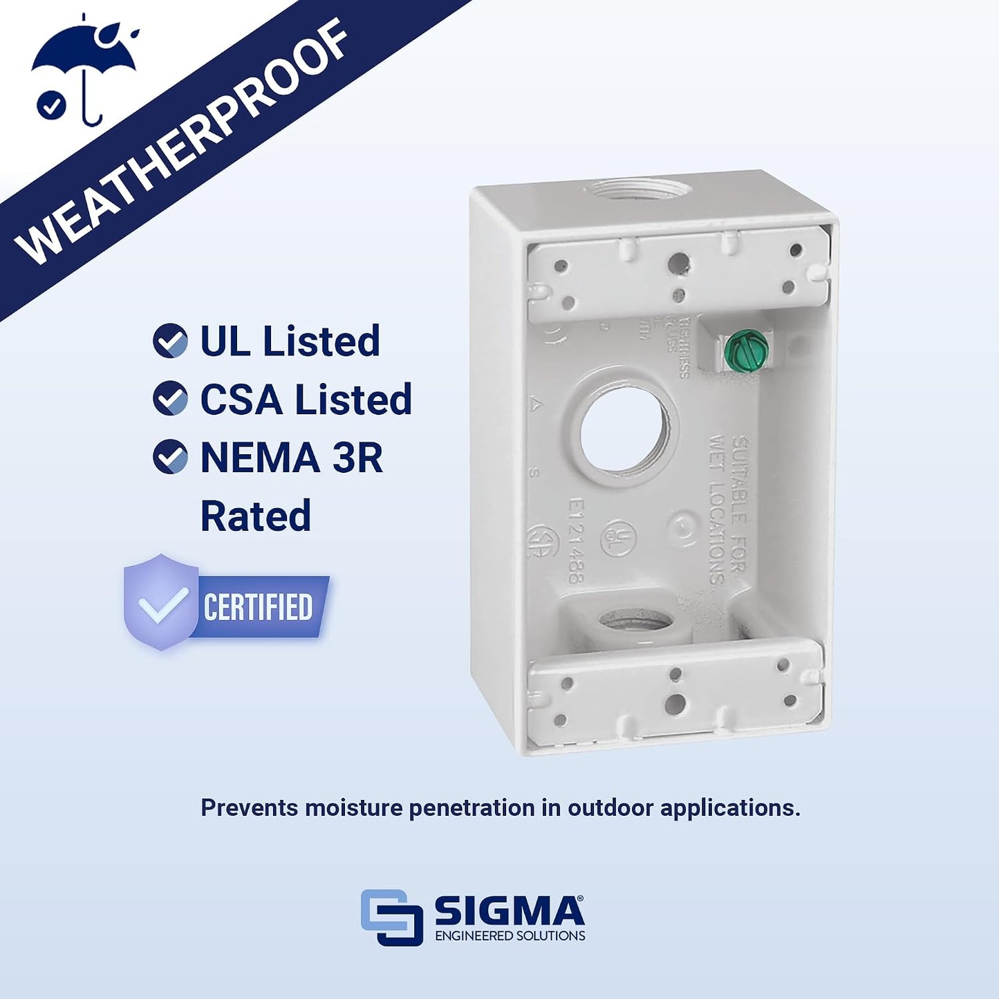 Sigma Engineered Solutions 14250WH Weatherproof 1/2" 3 Hole 1-Gang Box, WH