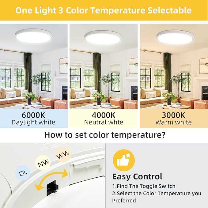 RLEDPZTX Led Flush Mount Ceiling Light, 16 Inch 32w 3480lm, 3000k/4000k/6000k - Image 3