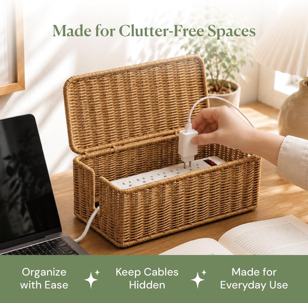 Cable Management Box, Handmade Rattan Cable Organizer with 2 Open Slots, Cord Hider for Power Strip, Router & USB Hub, Registered U.S. Design Patent (D1,112,102), 13" x 5.1" x 5.1", Natural