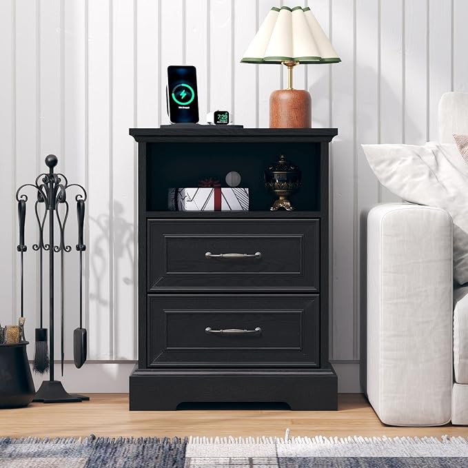 Nightstand with Charging Station, Rustic Farmhouse Wood Small Dresser, Bedside - Image 3