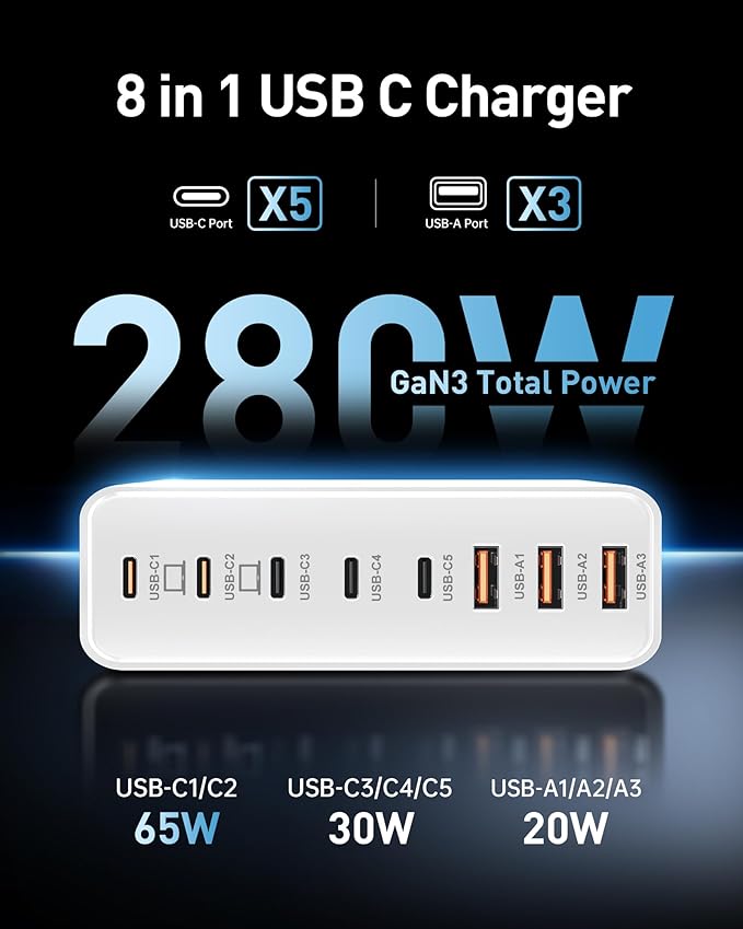 280W USB C Charger Block, 8-Port USB C Charging Station GaN III PD 65W Laptop - Image 2