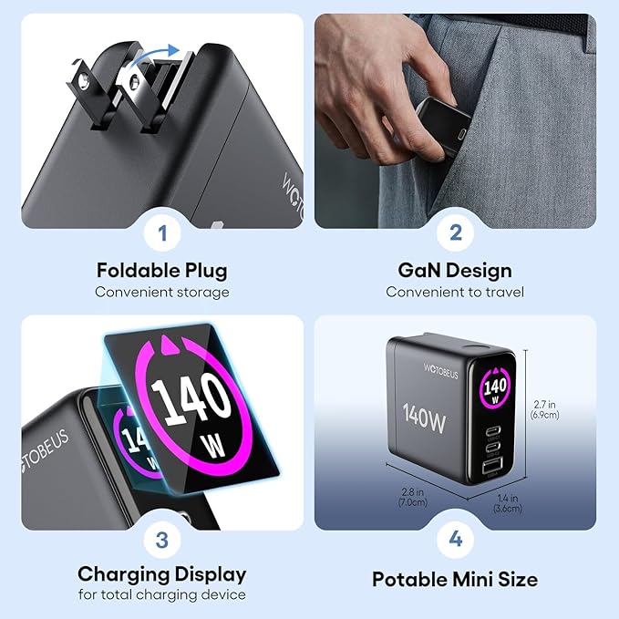 WOTOBEUS GaN Dual 140W USB C PD 3.1 Wall Charger - Image 5