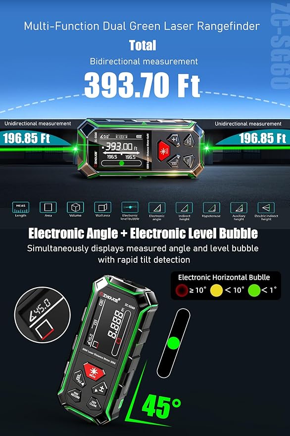 ZC-SG60 Dual Laser Measuring Tool, 196Ft Green-Beam Bilateral Digital Laser - Image 3