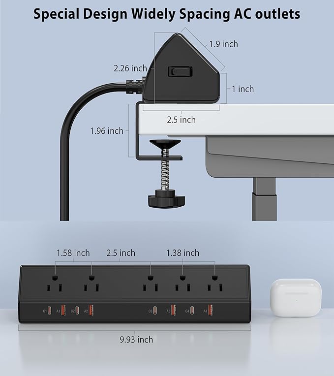 Desk Clamp Power Strip 65W Fast Charging Station, 4 PD USB-C, 5 Outlets - Image 6