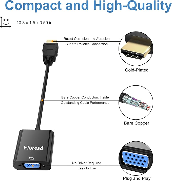 Moread HDMI to VGA, 10 Pack, Uni-Directional Gold-Plated HDMI to VGA Adapter - Image 5