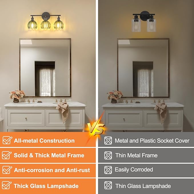 Shenmoyl Bathroom Light Fixtures, 3-Light Black Vanity Wall Light Over Mirror - Image 3
