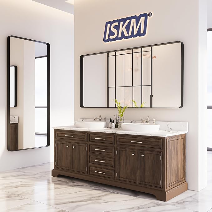 ISKM Large Black Matte Mirror for Bathroom 60" x 28" Round Corner Wall Mounted - Image 7