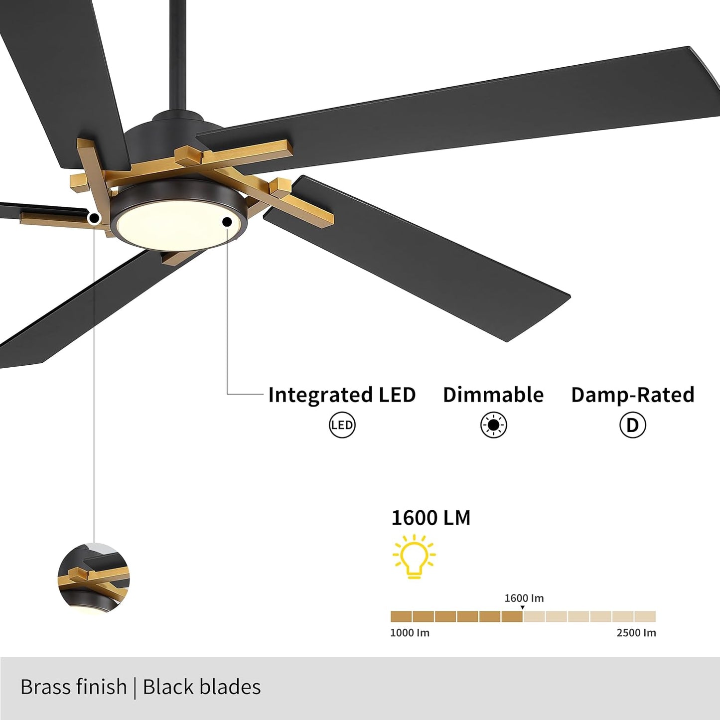 WINGBO 64 Inch Ceiling Fan with Light and Remote, 5 Plywood Blades, 6-Speed Reversible DC Motor, Dimmable, 3CCT, Modern Ceiling Fan for Bedroom Living Room Kitchen, Gold and Black