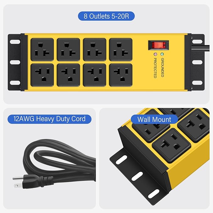 CCCEI Yellow Heavy Duty Power Strip Surge Protector 20 AMP, 8 Outlets 12 Gauge - Image 3