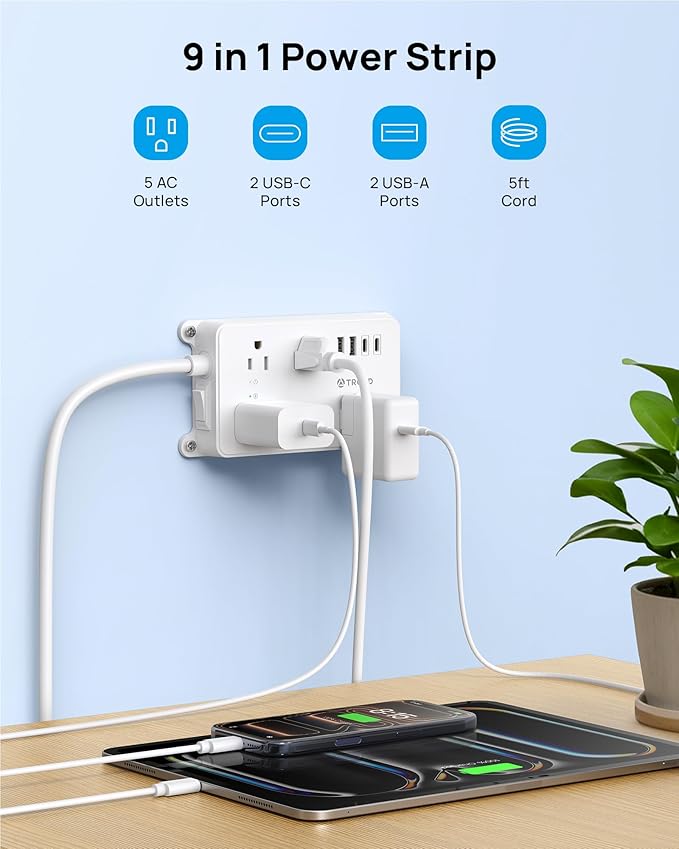 TROND Power Strip with USB, Surge Protector Flat Plug with 5 Widely-Spaced - Image 2