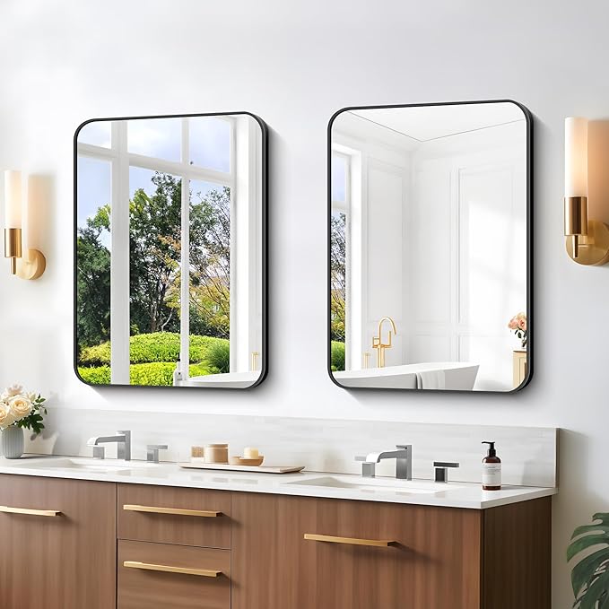 Bathroom Mirror, 18 x 24 inch Metal Framed Black Rectangle Mirror, Rounded - Image 3