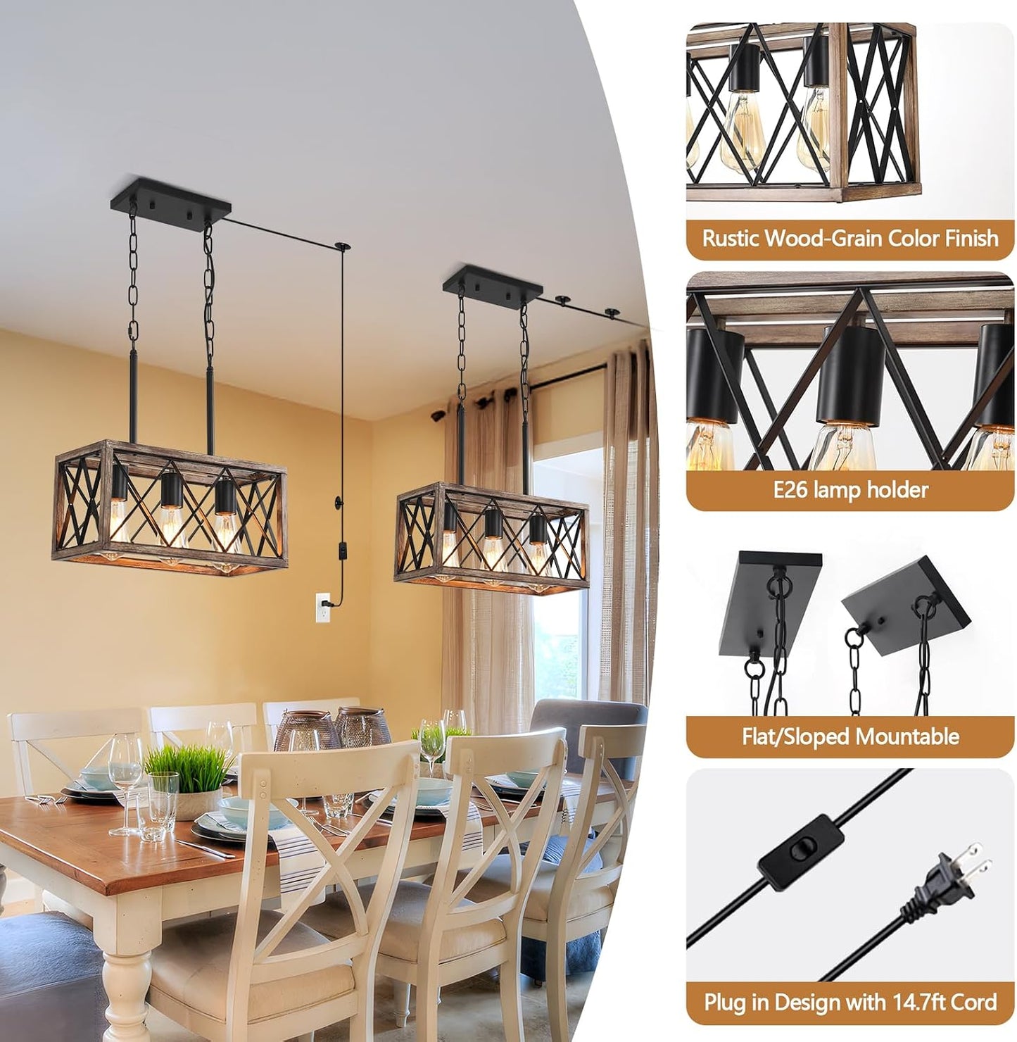 KEESFU Farmhouse Plug in Kitchen Lighting Fixtures Ceiling, 3 Lights Kitchen Pendant Light with 14.7ft Cord, Rustic Dining Room Light for Living Room Foyer Dining Table Over Sink. (Wood Grain Color)